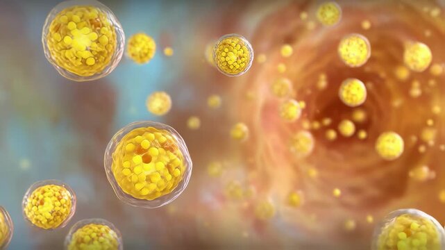 Animated sequence illustrating fat droplet rupture and diffusion of yellow biochemical energy markers inside the body.