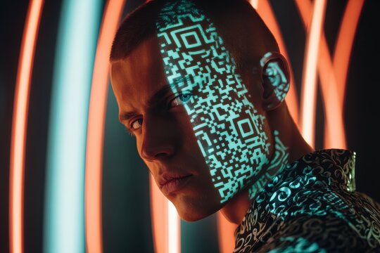 Contemporary tech for human representation A young man with a QR code on his face poses defiantly before neon lights