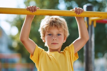 Obraz premium Image of focused boy in a yellow shirt performing pull ups on a bar outside Healthy living theme Soft background
