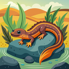 Fototapeta premium Cartoon Newt on a Rock in a Stream with a Nature Background