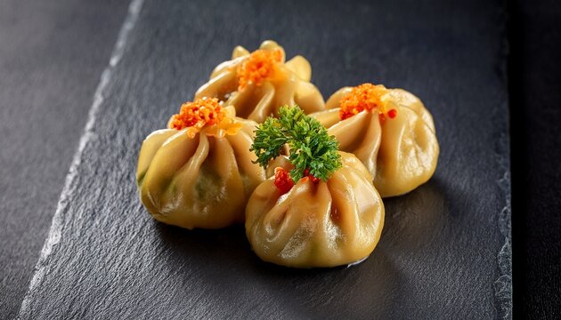plump shumai kanom jeeb glistening on dark slate elegant presentation gourmet slate background