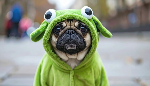 A pug dressed in a bright green frog costume symbolizes playful identity blending and whimsical takes on pet humanization in urban culture