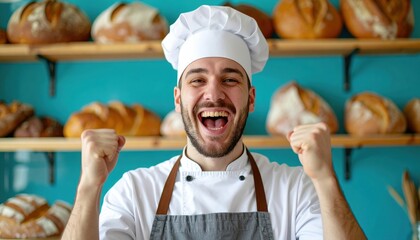 A smiling baker celebrates in front of shelves full of bread, radiating pride and joy in his culinary craftsmanship