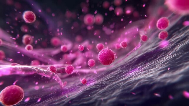 Animated sequence depicting brightpink eosinophil aggregates circulating in bloodstream targeting vascular walls in skin and lung capillaries.