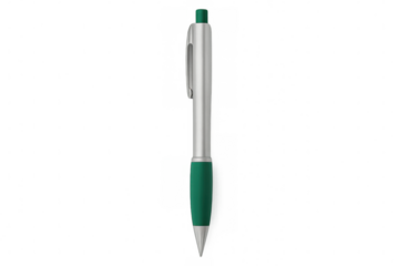Realistic vector illustration of a green and silver ballpoint pen, isolated on a transparent background