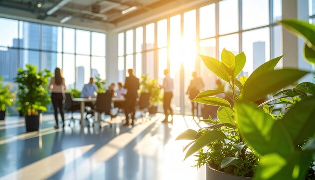 Modern workplace concept depicting an open office with teamwork, collaboration and greenery during daytime