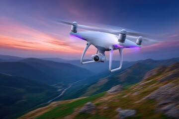 Naklejka premium Drone flight motion: aerial device, remote control, sky travel, unmanned vehicle, digital navigation, electronic system, camera sensor, wireless signal, altitude rise, flight path, technology use,