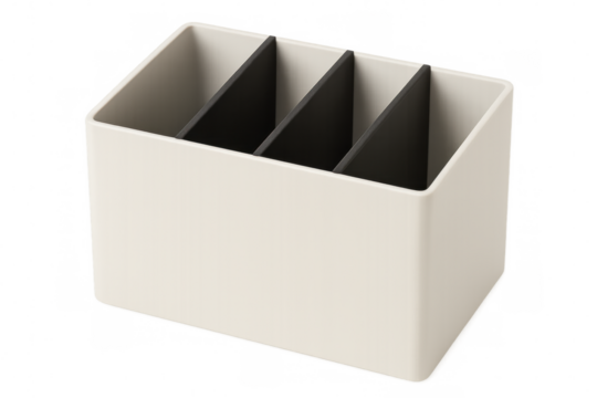 Modern white desk organizer with three black compartments, perfect for keeping office supplies tidy and organized