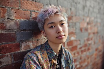Portrait of a young individual with colorful hair leaning against a brick wall in an urban setting during the golden hour Generative AI
