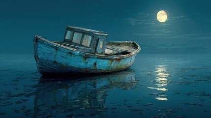 Obraz premium Moonlit Abandoned Boat: Eerie Night Scene with Full Moon Reflection - Nautical and Serene
