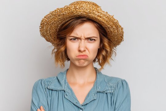 A nervous young white woman in a summer hat frowns due to an issue she s pessimistic