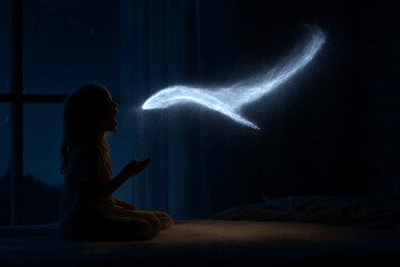 childs dreamy bedroom, childs smile lights up room as a fairy dust trail glows, bringing magic to the whimsical bedroom at night