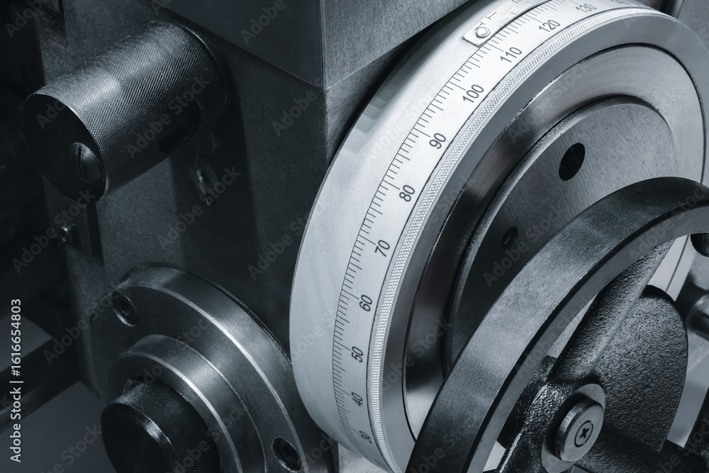 Aufkleber control disk of metalworking machine with applied measuring ruler and control handle. metalworking i