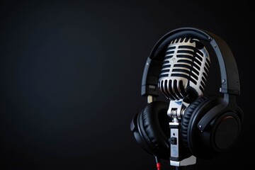 Retro microphone and headphones on table against dark background. Space for text.