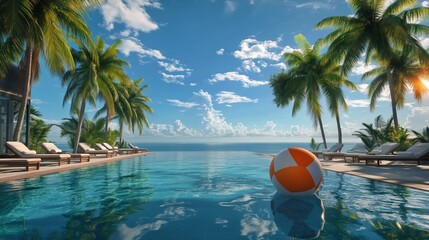 Obraz premium Serenity at a Tropical Resort Pool With Palm Trees and Ocean Views During a Sunny Day.