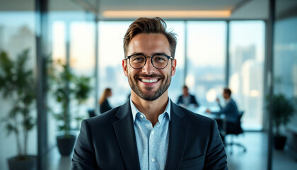 Fototapeta premium Confident executive stands before a glass meeting room in a modern office. 