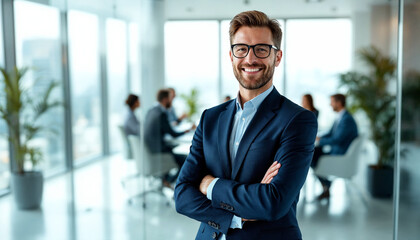 Confident executive stands before a glass meeting room in a modern office.
