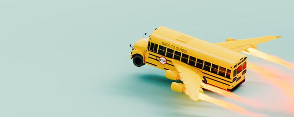 School bus with airplane wings taking off. Back to school concept design on blue background with copy space. 3D Rendering, 3D Illustration