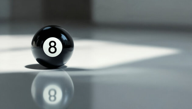  A black 8-ball rests on a glossy white surface in sharp, minimal focus.