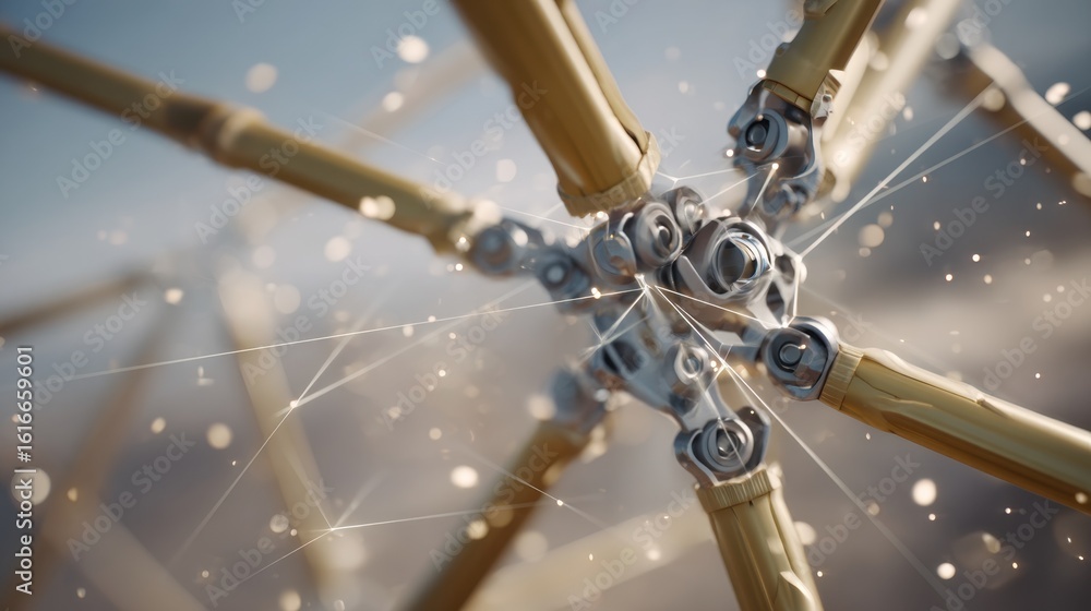 Poster close up view of a swarmbot applying specialized adhesive at a vital connection point, highlighting 