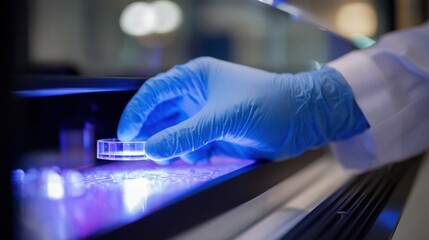 Gloved hand placing petri dish onto 3d bioprinter platform, illuminated by uv light, highlighting precision in hydrogel cartridge preparation and bioprinting technology