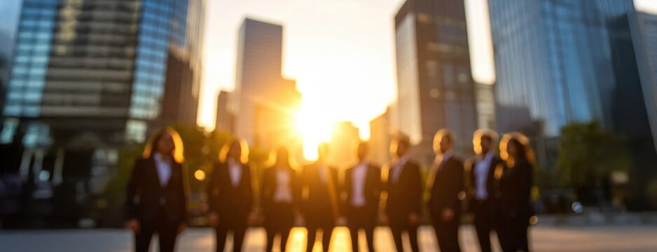 A business team standing outdoors in front of urban skyscrapers at sunrise symbolizing unity, progress, leadership, and corporate culture with futuristic tone