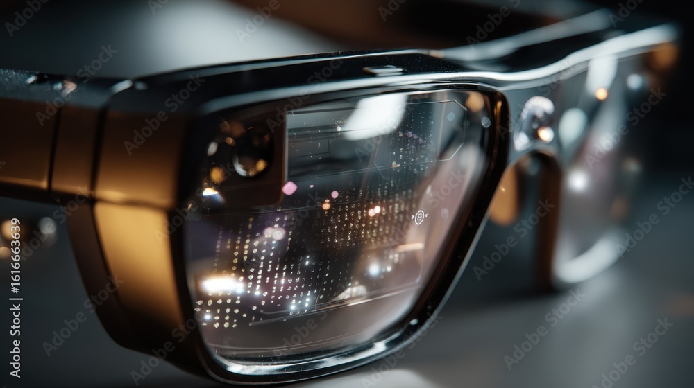 Poster close up of augmented reality smartglasses displaying a vibrant cityscape on its microdisplays, show