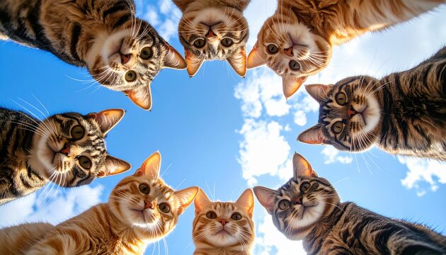Group of cats forming a circle while looking down, symbolizing teamwork, unity, or a quirky gathering in the feline world