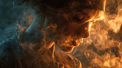 Cooking fire smoke hiding woman face, cinematic blur