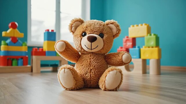 plush stuffed bear toy sitting on wooden floor in childcare center
