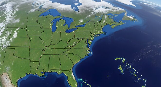 Curved Earth View Eastern USA Great Lakes Atlantic Ocean Illuminated Cities Coastal Markers.