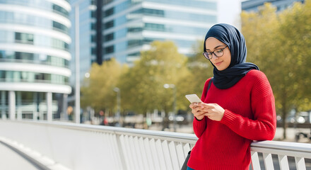 Young woman in hijab uses smartphone outdoors, modern city backdrop.