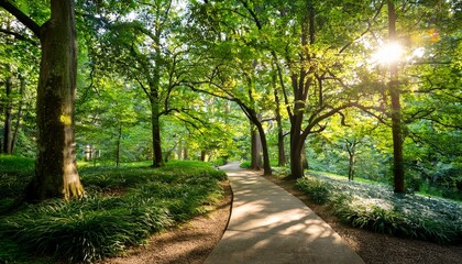 sun dappled path winding through a lush park forest trees creating a natural canopy overhead peaceful serene scene perfect for relaxation and nature appreciation exploration natural plants