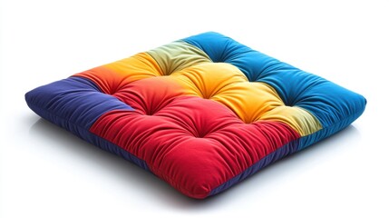 This image features a uniquely designed square cushion with a vibrant rainbow color pattern, perfect for adding a pop of color to any modern living space or artistic setting.