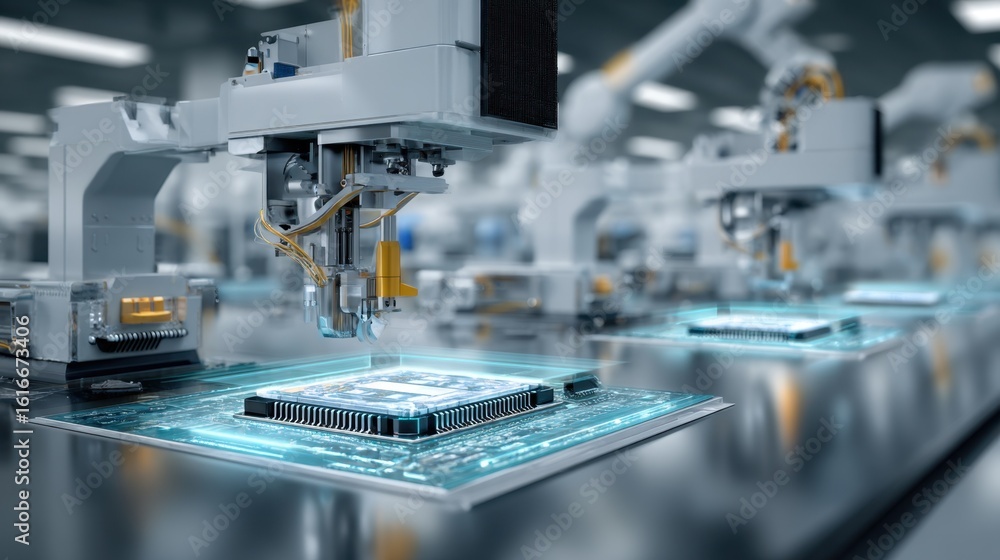 Poster in a state of the art cleanroom, robotic arms work with precision, assembling microchips on a futuri