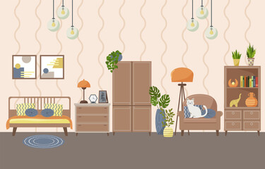 Cozy bedroom interior. Bed, armchair, wardrobe. Armchair with pillows and a cat. Bedside table with a lamp, photo inset and alarm clock. Modern bedroom or living room is an ideal place for rest and