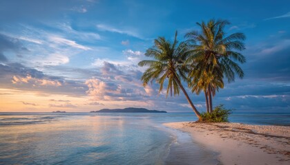 white sea beach and coconut tree with clear transparent sea waves breaking over in summer at Maldives. 