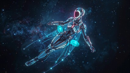 Naklejka premium A woman in a blue suit is flying through space