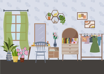 Cozy room interior with furniture. Dressing table with mirror, chair, window and green plants. Hanger with clothes. Minimalistic wardrobe concept for modern lifestyle. Vector illustration