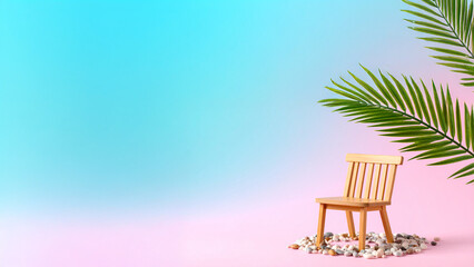 Stylized Chair and Palm Setup on Gradient Tosca Pink Surface with Colorful Pebbles &ndash; Trendy Visual for Branding