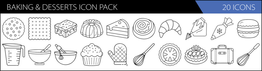 Baking & Desserts Icon Pack – 20 Hand-Drawn Culinary Line Icons

