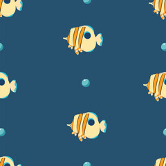 Seamless pattern with cute cartoon fish on a light blue background. Playful and minimal marine design in flat style, ideal for kids' textiles