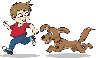 Ni&ntilde;o alegre y perro juguet&oacute;n corriendo juntos a su mascota, disfrutando de un hermoso d&iacute;a soleado.