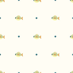 Seamless pattern with cute cartoon fish on a light background. Playful and minimal marine design in flat style, ideal for kids' textiles