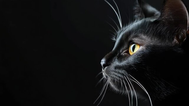 Close-up of black cat with striking yellow eyes against dark background