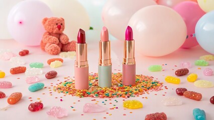 Three colorful lipsticks surrounded by candy and balloons