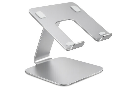 Minimalist aluminum laptop stand elevating portable device, providing ergonomic support and clean workspace aesthetic against transparent backdrop