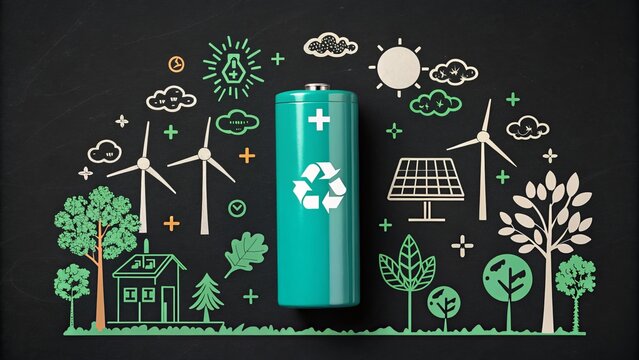 Green battery with renewable energy symbols and eco friendly landscape illustration