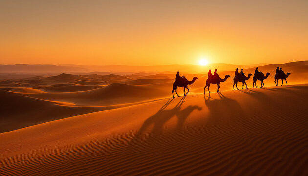 A group of people with camels crossing endless desert dunes in a line.
- Powered by Adobe