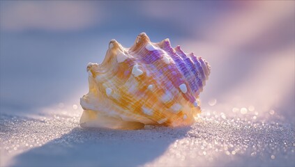 Seashell on sandy beach at sunrise, ocean blurred.  Relaxation postcard